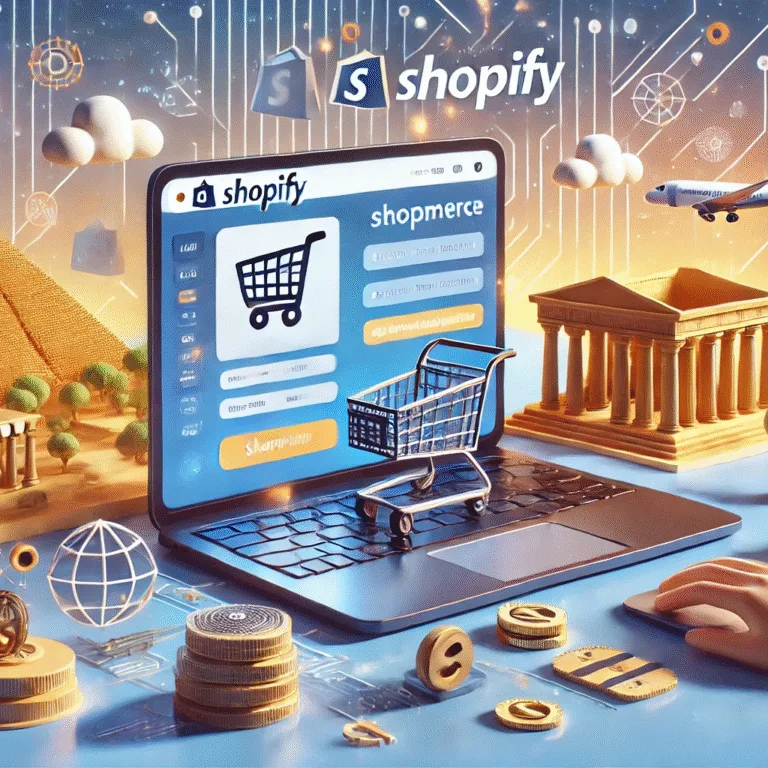 An e-commerce themed illustration showcasing the concept of Shopify store development in Egypt An E Commerce Themed Illustration Showcasing The Concept Of Shopify Store Development In Egypt. The Scene Features A Sleek Digital Storefront On A Lap